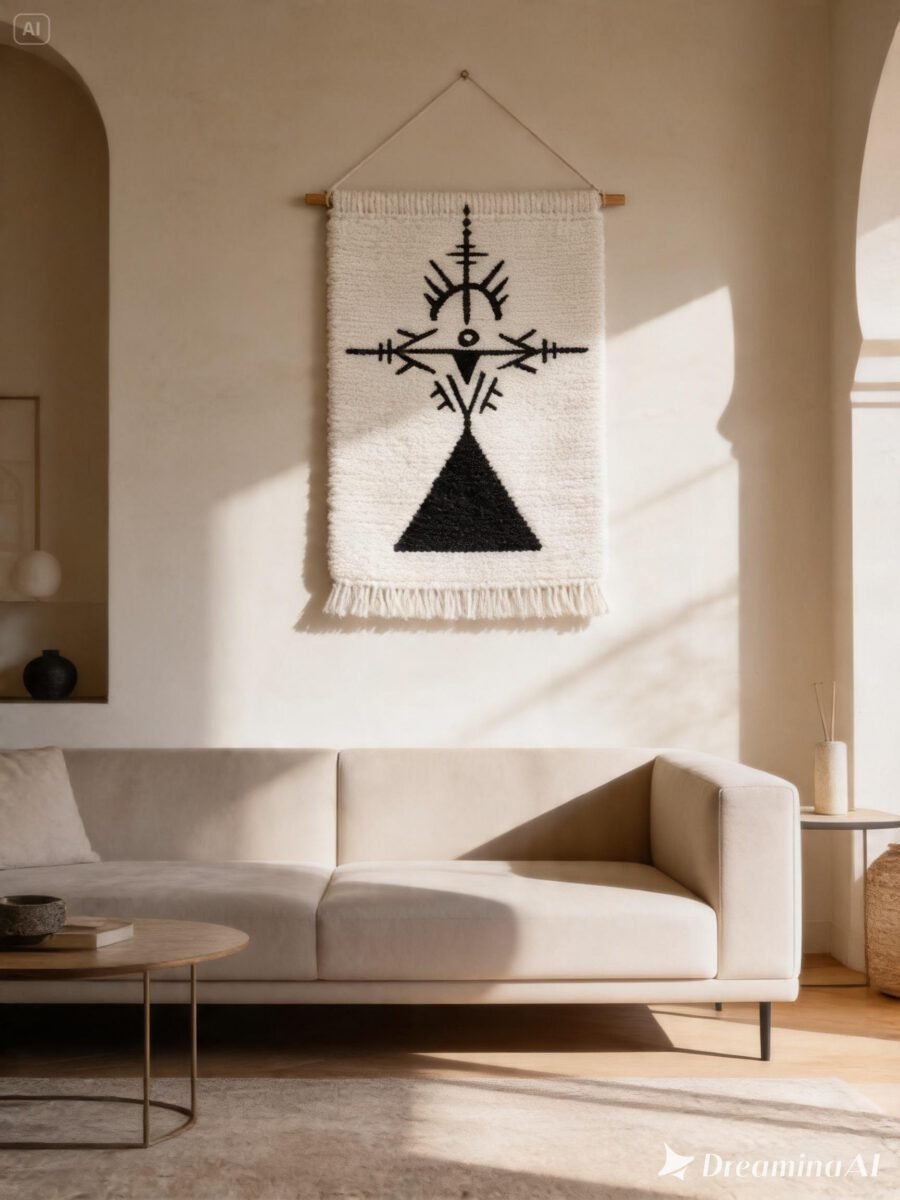A Taznakht rug displayed vertically on a plaster wall, lit like a painting